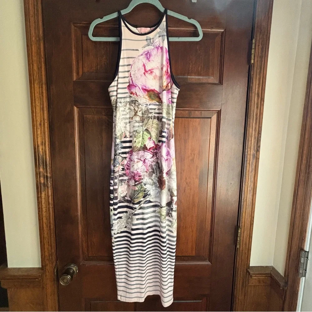 TED Baker Laya Sleeveless Bodycon Midi Dress size 1 (US 2-4). Floral & stipe - Picture 3 of 10